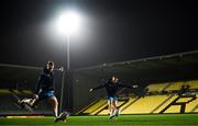 9 December 2023; Ciarán Frawley, left, and Sam Prendergast kick during a Leinster Rugby captain's run at Stade Marcel Deflandre in La Rochelle, France.  Photo by Harry Murphy/Sportsfile