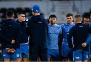 9 December 2023; Leinster players, from left, Dan Sheehan, Thomas Clarkson and Josh van der Flier in a huddle during a Leinster Rugby captain's run at Stade Marcel Deflandre in La Rochelle, France.  Photo by Harry Murphy/Sportsfile