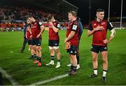 9 December 2023; Munster players, from left, Eoghan Clarke, Tadhg Beirne, Jack O'Donoghue, Stephen Archer and Ben O'Connor react after the Investec Champions Cup Pool 3 Round 1 match between Munster and Aviron Bayonnais at Thomond Park in Limerick. Photo by Brendan Moran/Sportsfile