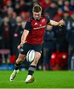 9 December 2023; Jack Crowley of Munster attempts a last minute drop goal, while wearing only one boot, during the Investec Champions Cup Pool 3 Round 1 match between Munster and Aviron Bayonnais at Thomond Park in Limerick. Photo by Brendan Moran/Sportsfile