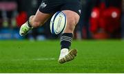 9 December 2023; Jack Crowley of Munster attempts a last minute drop goal, while wearing only one boot, during the Investec Champions Cup Pool 3 Round 1 match between Munster and Aviron Bayonnais at Thomond Park in Limerick. Photo by Brendan Moran/Sportsfile