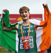 10 December 2023; Nicholas Griggs of Ireland celebrates after finishing third in the U20 men's 5000m during the SPAR European Cross Country Championships at Laeken Park in Brussels, Belgium. Photo by Sam Barnes/Sportsfile