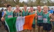 10 December 2023; Ireland athletes from left, Niall Murphy, Nicholas Griggs, Seamus Robinson, Harry Colbert, Jonas Stafford and Shane Brosnan celebrate after Ireland won team gold in the U20 men's 5000m during the SPAR European Cross Country Championships at Laeken Park in Brussels, Belgium. Photo by Sam Barnes/Sportsfile