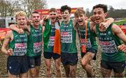 10 December 2023; Ireland athletes from left, Shane Brosnan, Harry Colbert, Seamus Robinson Niall Murphy, Nicholas Griggs and Jonas Stafford celebrate after Ireland won team gold in the U20 men's 5000m during the SPAR European Cross Country Championships at Laeken Park in Brussels, Belgium. Photo by Sam Barnes/Sportsfile