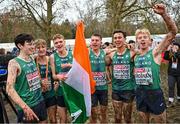 10 December 2023; Ireland athletes from left, Niall Murphy, Nicholas Griggs, Seamus Robinson, Harry Colbert, Jonas Stafford and Shane Brosnan celebrate after Ireland won team gold in the U20 men's 5000m during the SPAR European Cross Country Championships at Laeken Park in Brussels, Belgium. Photo by Sam Barnes/Sportsfile