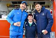 10 December 2023; As part of the club’s 12 County Tour, Leinster Rugby players Jack Conan and Ross Byrne visited Roscrea RFC for their minis’ Christmas Party. Pictured is Jack Conan and Ross Byrne with supporter Joan Shanahan at Roscrea RFC in Tipperary. Photo by Tyler Miller/Sportsfile