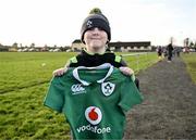 10 December 2023; As part of the club’s 12 County Tour, Leinster Rugby players Jack Conan and Ross Byrne visited Roscrea RFC for their minis’ Christmas Party. Pictured is Kaylon Nash with his jersey signed by Jack Conan and Ross Byrne at Roscrea RFC in Tipperary. Photo by Tyler Miller/Sportsfile