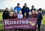 10 December 2023; As part of the club’s 12 County Tour, Leinster Rugby players Jack Conan and Ross Byrne visited Roscrea RFC for their minis’ Christmas Party. Pictured are Jack Conan and Ross Byrne with the girls' minis team at Roscrea RFC in Tipperary. Photo by Tyler Miller/Sportsfile