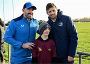 10 December 2023; As part of the club’s 12 County Tour, Leinster Rugby players Jack Conan and Ross Byrne visited Roscrea RFC for their minis’ Christmas Party. Pictured are is Jack Conan and Ross Byrne taking a photograph with supporter Billy Hall at Roscrea RFC in Tipperary. Photo by Tyler Miller/Sportsfile