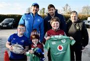 10 December 2023; As part of the club’s 12 County Tour, Leinster Rugby players Jack Conan and Ross Byrne visited Roscrea RFC for their minis’ Christmas Party. Pictured are From left, Tadhg, Jack Conan, Declan Jr Maloney , Sean Malone, Ross Byrne, and Roscrea RFC minis coordinator Declan Maloney at Roscrea RFC in Tipperary. Photo by Tyler Miller/Sportsfile