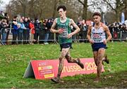 10 December 2023; Niall Murphy of Ireland competes in the U20 men's 5000m alongside Aurélien Radja of France, right, during the SPAR European Cross Country Championships at Laeken Park in Brussels, Belgium. Photo by Sam Barnes/Sportsfile