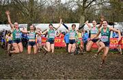 10 December 2023; The Ireland team who finished 5th, from left, Hannah Kehoe, Anna Gardiner, Amy Greene, Kirsty Maher and Maebh Richardson who competed in the U20 women's 5000m at the SPAR European Cross Country Championships at Laeken Park in Brussels, Belgium. Photo by Sam Barnes/Sportsfile