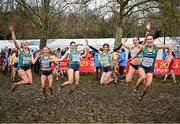 10 December 2023; The Ireland team who finished 5th, from left, Hannah Kehoe, Anna Gardiner, Amy Greene, Kirsty Maher and Maebh Richardson who competed in the U20 women's 5000m at the SPAR European Cross Country Championships at Laeken Park in Brussels, Belgium. Photo by Sam Barnes/Sportsfile