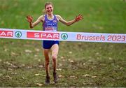 10 December 2023; Megan Keith of Great Britain crosses the line to win the U23 women's 7000m during the SPAR European Cross Country Championships at Laeken Park in Brussels, Belgium. Photo by Sam Barnes/Sportsfile
