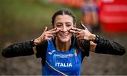 10 December 2023; Nadia Battocletti of Italy celebrates after finishing second in the senior women's 9000m during the SPAR European Cross Country Championships at Laeken Park in Brussels, Belgium. Photo by Sam Barnes/Sportsfile
