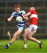 10 December 2023; Jack Cahalane of Castlehaven is tackled by Tom Leo O'Sullivan of Dingle during the AIB Munster GAA Football Senior Club Championship Final match between Dingle, Kerry, and Castlehaven, Cork, at TUS Gaelic Grounds in Limerick. Photo by Tom Beary/Sportsfile