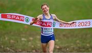 10 December 2023; Megan Keith of Great Britain crosses the line to win the U23 women's 7000m during the SPAR European Cross Country Championships at Laeken Park in Brussels, Belgium. Photo by Sam Barnes/Sportsfile