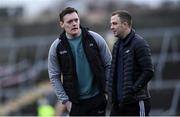 10 December 2023; Jack McCarron  left, and Scotstown goalkeeper Rory Beggan before the AIB Ulster GAA Football Senior Club Championship Final match between Glen of Derry, and Scotstown of Monaghan, at BOX-IT Athletic Grounds in Armagh. Photo by Ramsey Cardy/Sportsfile