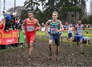 10 December 2023; Brian Fay of Ireland and Ouassim Oumaiz of Spain, left, compete in the senior men's 9000m during the SPAR European Cross Country Championships at Laeken Park in Brussels, Belgium. Photo by Sam Barnes/Sportsfile