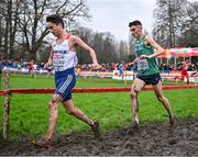 10 December 2023; Keelan Kilrehill of Ireland and Fabien Palcau of France, left, compete in the senior men's 9000m during the SPAR European Cross Country Championships at Laeken Park in Brussels, Belgium. Photo by Sam Barnes/Sportsfile