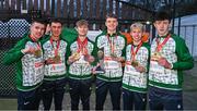 10 December 2023; Ireland athletes from left, Harry Colbert, Jonas Stafford, Nicholas Griggs, Seamus Robinson, Shane Brosnan and Niall Murphy celebrate with their medals after Ireland won team gold in the U20 men's 5000m, Griggs also won individual bronze, during the SPAR European Cross Country Championships at Laeken Park in Brussels, Belgium. Photo by Sam Barnes/Sportsfile