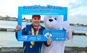 10 December 2023; Special Olympics Gold medalist Colm Monaghan with the Polar Plunge bear during The Dungarvan Polar Plunge get “Freezin’ for a Reason” event to raise funds for Special Olympics Ireland athletes sponsored by Gala Retail at Dungarvan Beach in Waterford. Photo by Eóin Noonan/Sportsfile