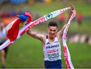 10 December 2023; Yann Schrub of France celebrates after winning the senior men's 9000m during the SPAR European Cross Country Championships at Laeken Park in Brussels, Belgium. Photo by Sam Barnes/Sportsfile