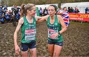 10 December 2023; Fionnuala McCormack of Ireland, left, and Fionnuala Ross of Ireland after the senior women's 9000m during the SPAR European Cross Country Championships at Laeken Park in Brussels, Belgium. Photo by Sam Barnes/Sportsfile