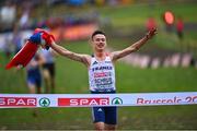 10 December 2023; Yann Schrub of France celebrates on his way to winning the senior men's 9000m during the SPAR European Cross Country Championships at Laeken Park in Brussels, Belgium. Photo by Sam Barnes/Sportsfile