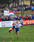 10 December 2023; Yann Schrub of France celebrates on his way to winning the senior men's 9000m during the SPAR European Cross Country Championships at Laeken Park in Brussels, Belgium. Photo by Sam Barnes/Sportsfile