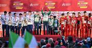 10 December 2023; Ireland athletes celebrate on the podium after Ireland won team gold in the U20 men's 5000m during the SPAR European Cross Country Championships at Laeken Park in Brussels, Belgium. Photo by Sam Barnes/Sportsfile