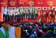 10 December 2023; Ireland athletes from left, Nicholas Griggs, Jonas Stafford, Harry Colbert, Seamus Robinson, Niall Murphy and Shane Brosnan celebrate on the podium after Ireland won team gold in the U20 men's 5000m during the SPAR European Cross Country Championships at Laeken Park in Brussels, Belgium. Photo by Sam Barnes/Sportsfile