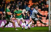 10 December 2023; Darren Hughes of Scotstown shoots under pressure from Glen goalkeeper Connlan Bradley during the AIB Ulster GAA Football Senior Club Championship Final match between Glen of Derry, and Scotstown of Monaghan, at BOX-IT Athletic Grounds in Armagh. Photo by Ramsey Cardy/Sportsfile