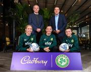 12 December 2023; Cadbury Ireland today announced a 3-year contract extension with the Football Association of Ireland extending their commitment to support women’s football and the Republic of Ireland Women’s National Team. The extension will see the Cadbury Become A Supporter And A Half campaign continue to encourage engagement, participation and visibility in the women’s game from grassroots to international level. To date the campaign has directly supported over 50 grassroots clubs nationwide. Pictured at Castleknock Hotel in Dublin are Republic of Ireland players, from left, Megan Connolly, Katie McCabe and Abbie Larkin with FAI commercial director Sean Kavanagh, and Mondelez Ireland managing director Eoin Kellett. Photo by Stephen McCarthy/Sportsfile