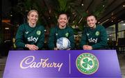 12 December 2023; Cadbury Ireland today announced a 3-year contract extension with the Football Association of Ireland extending their commitment to support women’s football and the Republic of Ireland Women’s National Team. The extension will see the Cadbury Become A Supporter And A Half campaign continue to encourage engagement, participation and visibility in the women’s game from grassroots to international level. To date the campaign has directly supported over 50 grassroots clubs nationwide. Pictured at Castleknock Hotel in Dublin are Republic of Ireland players, from left, Megan Connolly, Katie McCabe and Abbie Larkin. Photo by Stephen McCarthy/Sportsfile