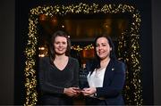 11 December 2023; Róisín McHugh from Leitrim club Ballinamore Sean O’Heslins is presented with The Croke Park/LGFA Player of the Month award for November 2023 by Therese Brannigan, Team Leader - Food and Beverage, The Croke Park, at The Croke Park in Jones Road, Dublin. Róisín was Player of the Match in the 2023 Connacht Intermediate Club Final for Ballinamore Sean O’Heslins, and will play for her club in next Saturday’s currentaccount.ie All-Ireland Final against Cork club Glanmire. Photo by Harry Murphy/Sportsfile