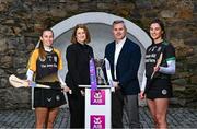 12 December 2023; Pictured is Camogie Association President, Hilda Breslin and AIB Chief Marketing Officer Mark Doyle alongside camogie stars, Niamh Leen of Clanmaurice, Kerry, right, and Niamh Kirby of Na Fianna, Meath, ahead of the AIB Camogie Club Intermediate All-Ireland final. This week AIB will also release the second episode of ‘Meet #TheToughest’, a new content series from AIB that will showcase some of the final stages of this year’s AIB Camogie All-Ireland Senior Club Championships, through footage captured by cameras worn by players for the first time in Gaelic Games. You can view the second episode of ‘Meet #TheToughest’ here: https://youtu.be/-VO2GONeRdk. Photo by Ramsey Cardy/Sportsfile