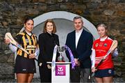 12 December 2023; Pictured is Camogie Association President, Hilda Breslin and AIB Chief Marketing Officer Mark Doyle alongside AIB ambassadors and Camogie stars, Sheila McGrath of St Munna’s Westmeath and Riona McConville of Crossmaglen Rangers, Armagh, left, ahead of the AIB Camogie Club Junior B All-Ireland final. This week AIB will also release the second episode of ‘Meet #TheToughest’, a new content series from AIB that will showcase some of the final stages of this year’s AIB Camogie All-Ireland Senior Club Championships, through footage captured by cameras worn by players for the first time in Gaelic Games. You can view the second episode of ‘Meet #TheToughest’ here: https://youtu.be/-VO2GONeRdk. Photo by Ramsey Cardy/Sportsfile