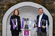 12 December 2023; Pictured is Camogie Association President, Hilda Breslin and AIB Chief Marketing Officer Mark Doyle ahead of the AIB Camogie Club Senior, Intermediate, Junior and Junior B All-Ireland finals. This week AIB has also released the second episode of ‘Meet #TheToughest’, a new content series from AIB that will showcase some of the final stages of this year’s AIB Camogie All-Ireland Senior Club Championships, through footage captured by cameras worn by players for the first time in Gaelic Games. You can view the second episode of ‘Meet #TheToughest’ here: https://youtu.be/-VO2GONeRdk. Photo by Ramsey Cardy/Sportsfile