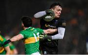 10 December 2023; Scotstown goalkeeper Rory Beggan is tackled by Conleth McGuickian of Glen during the AIB Ulster GAA Football Senior Club Championship Final match between Glen of Derry, and Scotstown of Monaghan, at BOX-IT Athletic Grounds in Armagh. Photo by Ramsey Cardy/Sportsfile