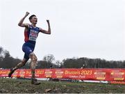 10 December 2023; Magnus Tuv Myhre of Norway celebrates on his way to finishing second in the senior men's 9000m during the SPAR European Cross Country Championships at Laeken Park in Brussels, Belgium. Photo by Sam Barnes/Sportsfile