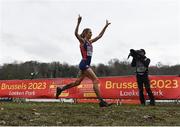 10 December 2023; Karoline Bjerkeli Grøvdal of Norway celebrates on her way to winning the senior women's 9000m during the SPAR European Cross Country Championships at Laeken Park in Brussels, Belgium. Photo by Sam Barnes/Sportsfile