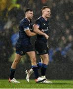 10 December 2023; Ciarán Frawley of Leinster celebrates with teammate Hugo Keenan, left, after the Investec Champions Cup match between La Rochelle and Leinster at Stade Marcel Deflandre in La Rochelle, France. Photo by Harry Murphy/Sportsfile