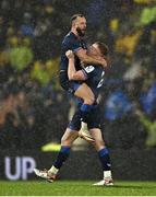 10 December 2023; Ciarán Frawley of Leinster celebrates with teammate Jamison Gibson-Park, left, after kicking the game winning penalty during the Investec Champions Cup match between La Rochelle and Leinster at Stade Marcel Deflandre in La Rochelle, France. Photo by Harry Murphy/Sportsfile