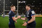 10 December 2023; Ciarán Frawley, left, and Ryan Baird of Leinster celebrate after the Investec Champions Cup match between La Rochelle and Leinster at Stade Marcel Deflandre in La Rochelle, France. Photo by Harry Murphy/Sportsfile