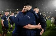 10 December 2023; Ciarán Frawley, left, and Harry Byrne of Leinster celebrate after the Investec Champions Cup match between La Rochelle and Leinster at Stade Marcel Deflandre in La Rochelle, France. Photo by Harry Murphy/Sportsfile
