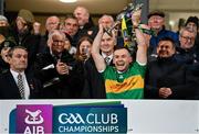 10 December 2023; Glen captain Connor Carville lifts the trophy after the AIB Ulster GAA Football Senior Club Championship Final match between Glen of Derry, and Scotstown of Monaghan, at BOX-IT Athletic Grounds in Armagh. Photo by Ramsey Cardy/Sportsfile