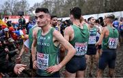 10 December 2023; Keelan Kilrehill of Ireland reacts after Team Ireland finished fourth in the senior men's 9000m during the SPAR European Cross Country Championships at Laeken Park in Brussels, Belgium. Photo by Sam Barnes/Sportsfile