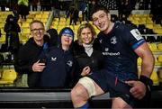 10 December 2023; Joe McCarthy of Leinster with his family, from left, his father Joe, his brother Andrew and his mother Paula after the Investec Champions Cup match between La Rochelle and Leinster at Stade Marcel Deflandre in La Rochelle, France. Photo by Harry Murphy/Sportsfile