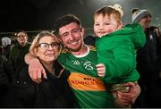 10 December 2023; Tiarnan Flanagan of Glen, with his Mother Gemma, and godson Dáithí, after the AIB Ulster GAA Football Senior Club Championship Final match between Glen of Derry, and Scotstown of Monaghan, at BOX-IT Athletic Grounds in Armagh. Photo by Ramsey Cardy/Sportsfile